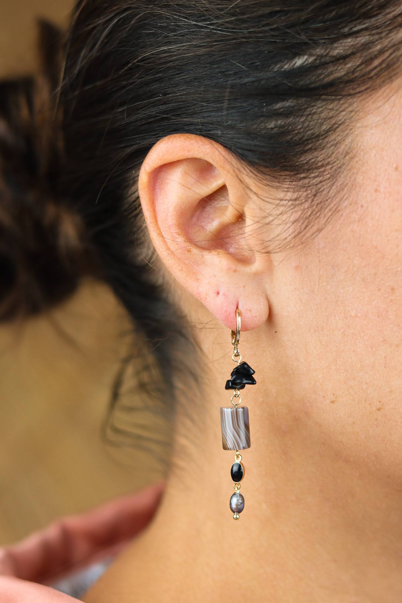 Stay Gold by Mme Bovary Asymmetrical black obsedian & lace agate earrings