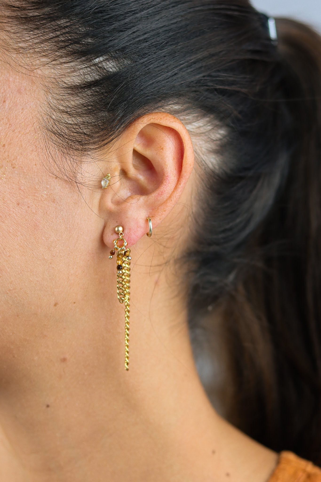 Stay Gold by Mme Bovary tiger eye linked stud earrings