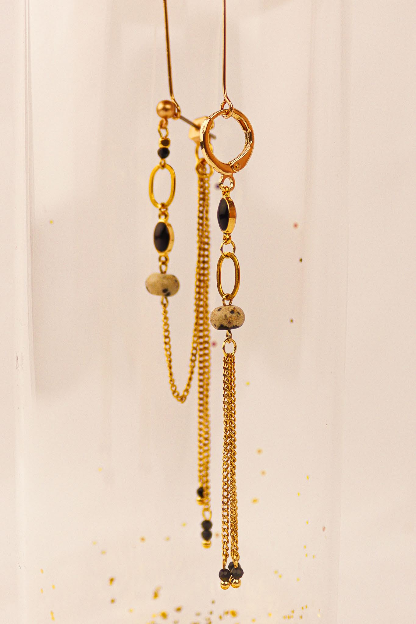 Asymmetrical statement Dalmatian Jasper & Onyx earrings