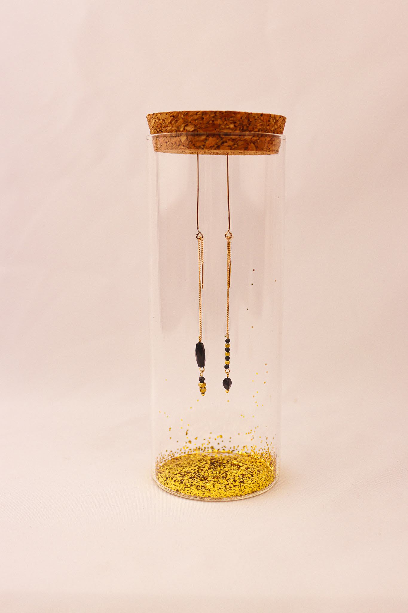 Asymmetrical Black Onyx & Triangel & Hematite threader earrings