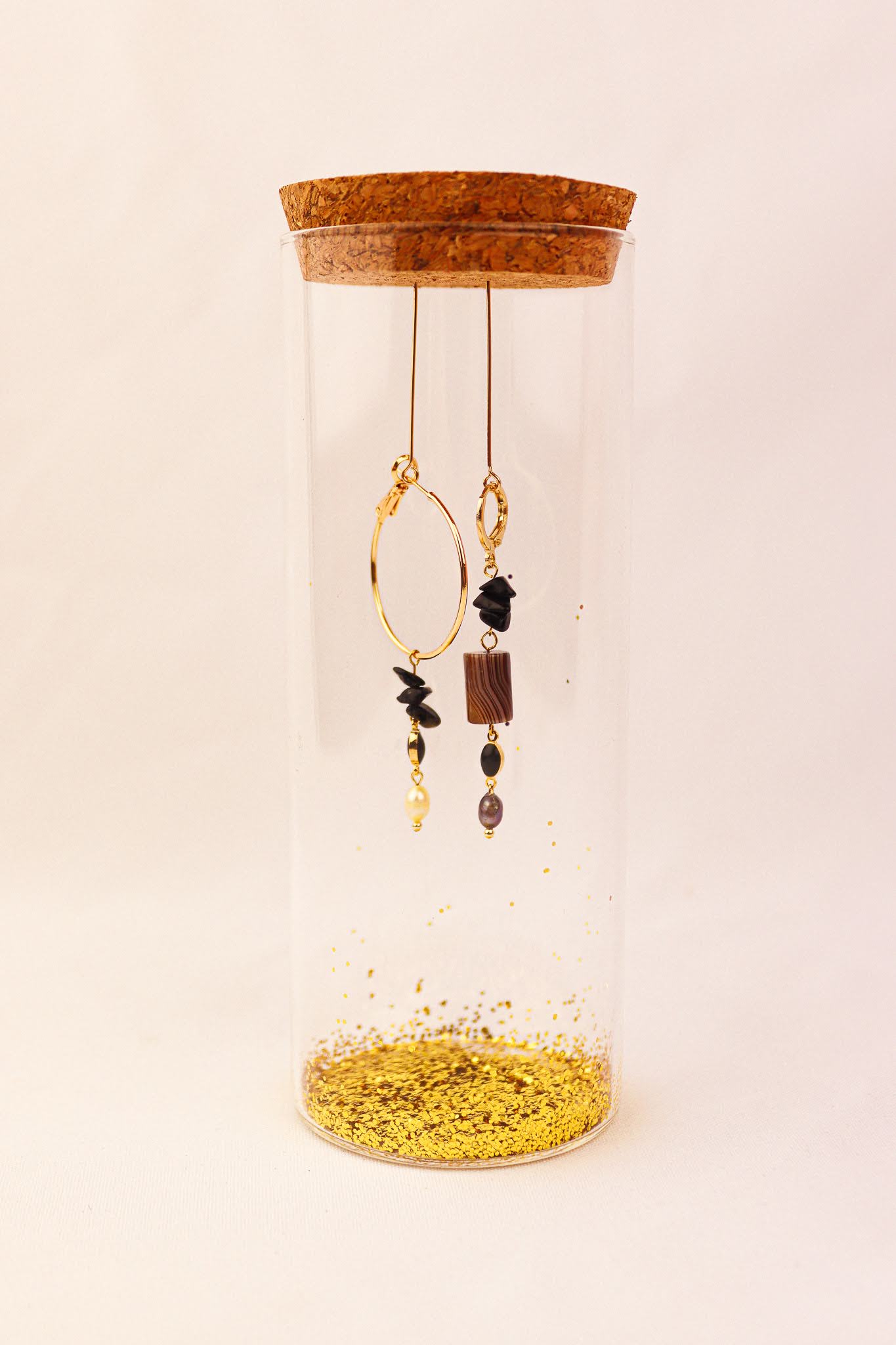 Asymmetrical black obsedian & lace agate earrings