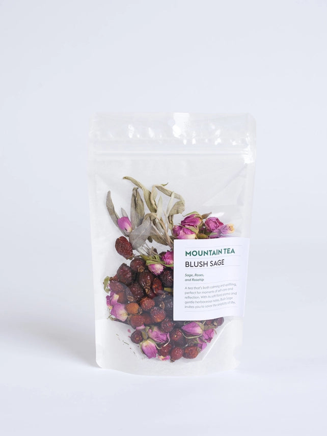 Blush Sage herbal tea blend featuring sage, rose buds, and rosehip by Stay Gold.