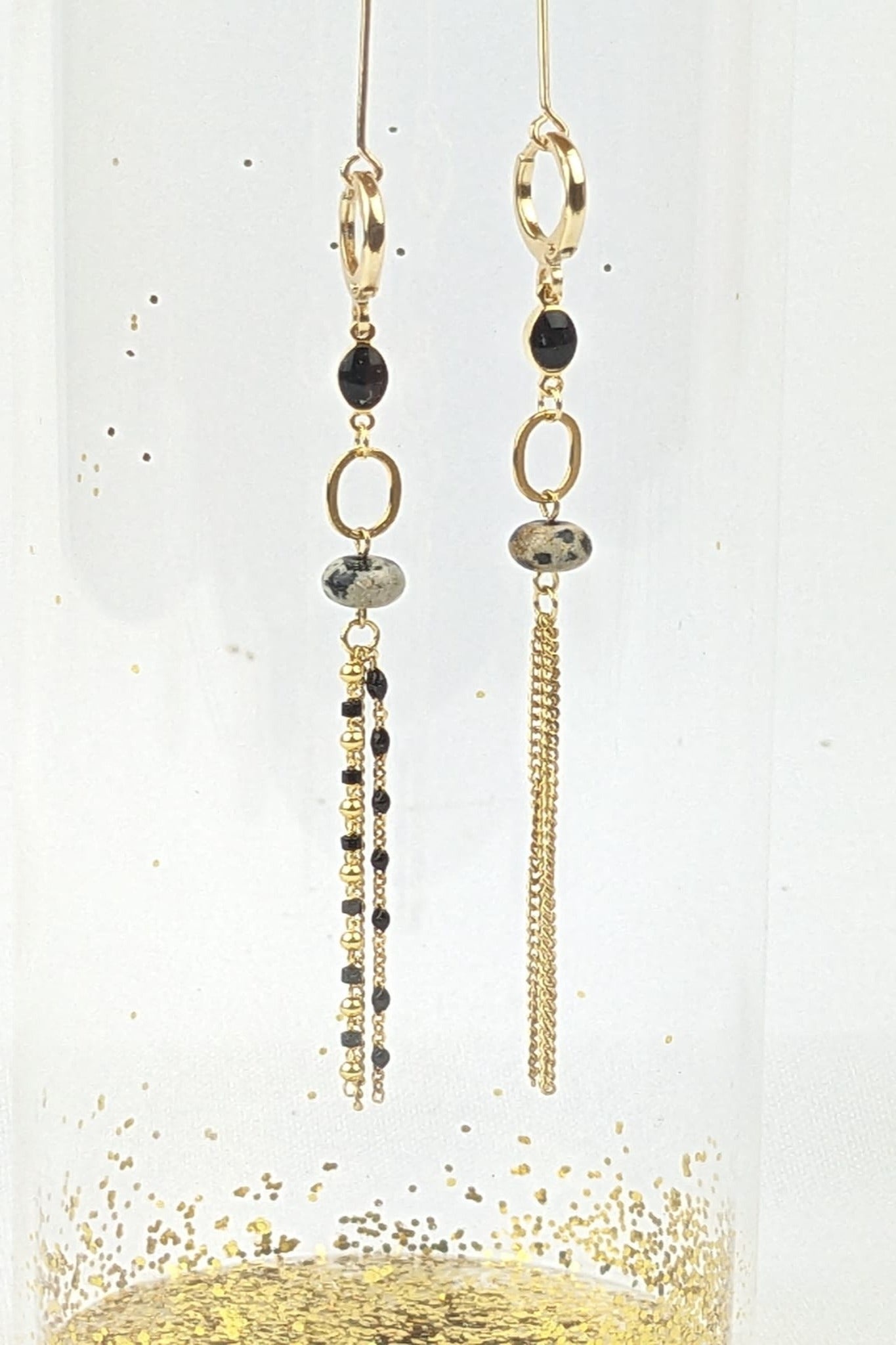ZG45 - Asymmetrical statement Dalmatian Jasper & Onyx earrings