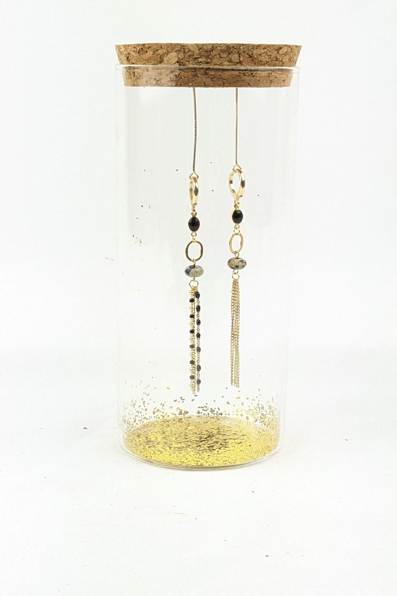 ZG45 - Asymmetrical statement Dalmatian Jasper & Onyx earrings