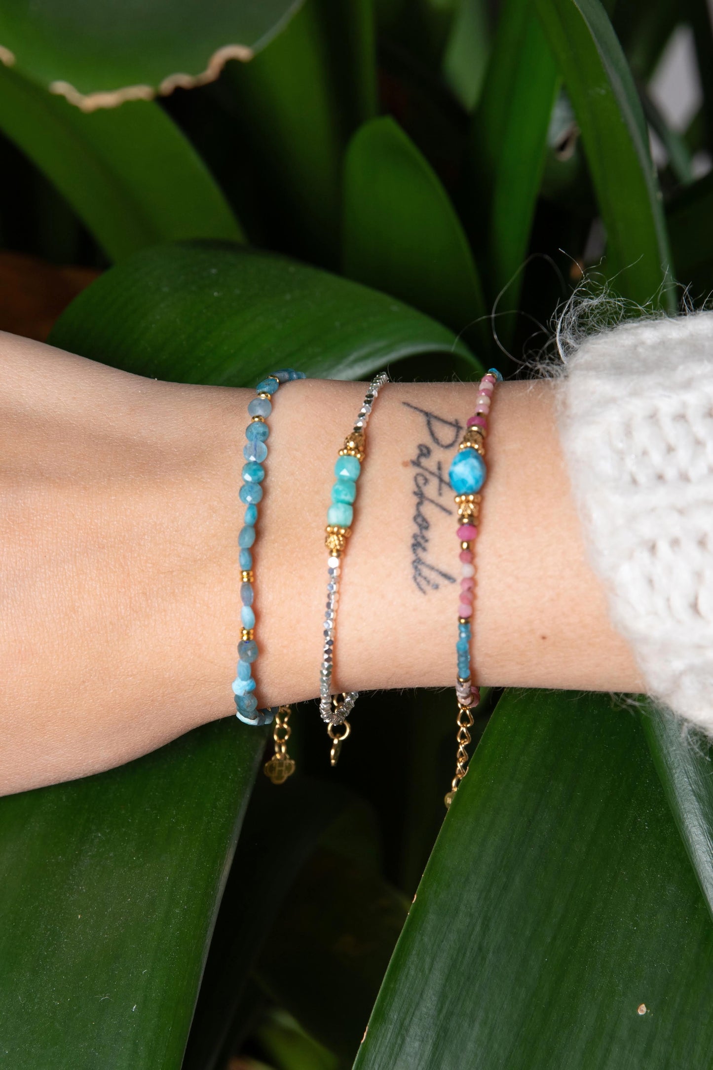 Amazonite en roze rhodocrosyte combo van 3 armbandjes