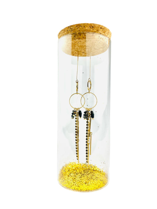 Black strass party earrings with golden details & black onyx