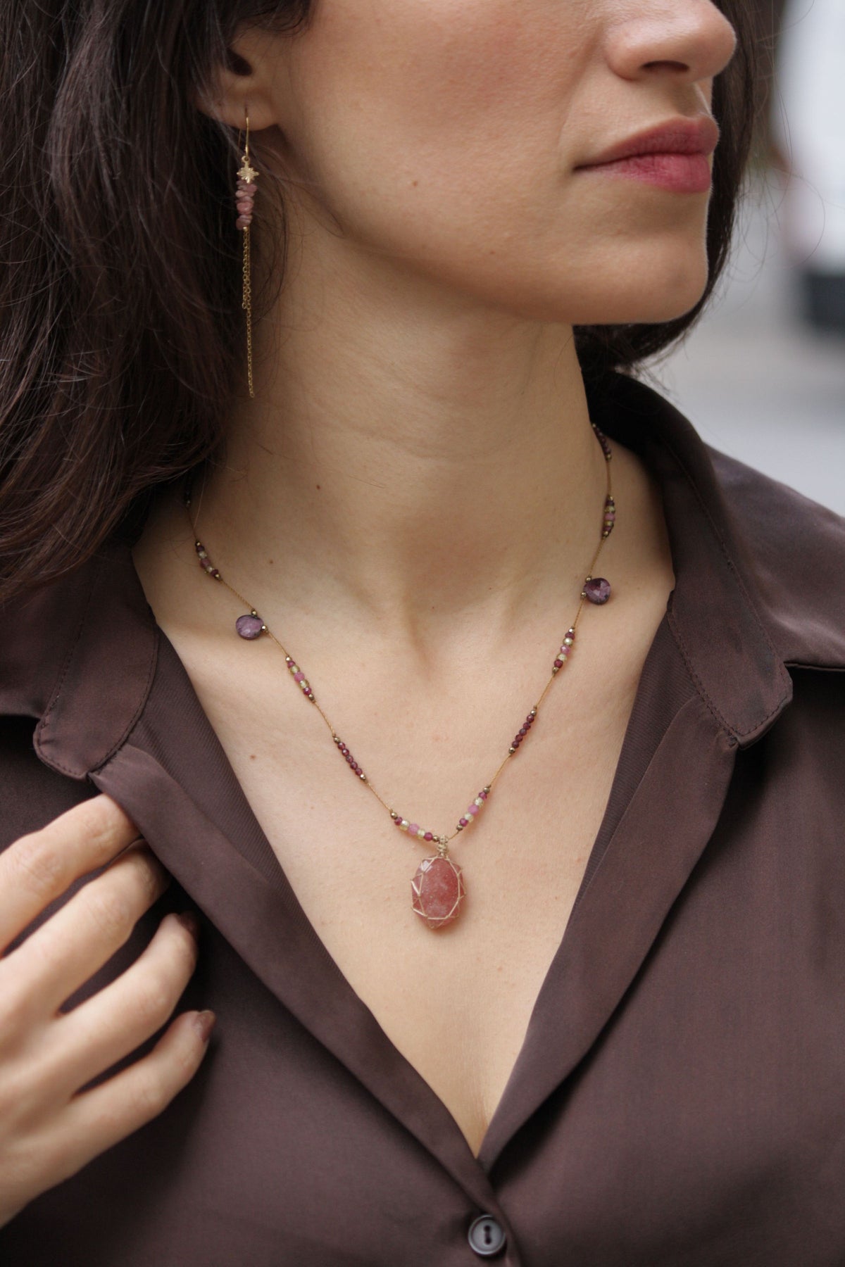 Delicate dangling earrings with fine pink opal crystals and two thin drop chains for subtle facial contouring