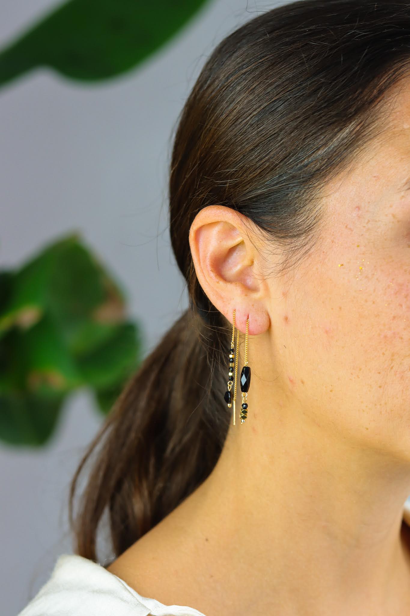 Asymmetrical Black Onyx & Triangel & Hematite threader earrings