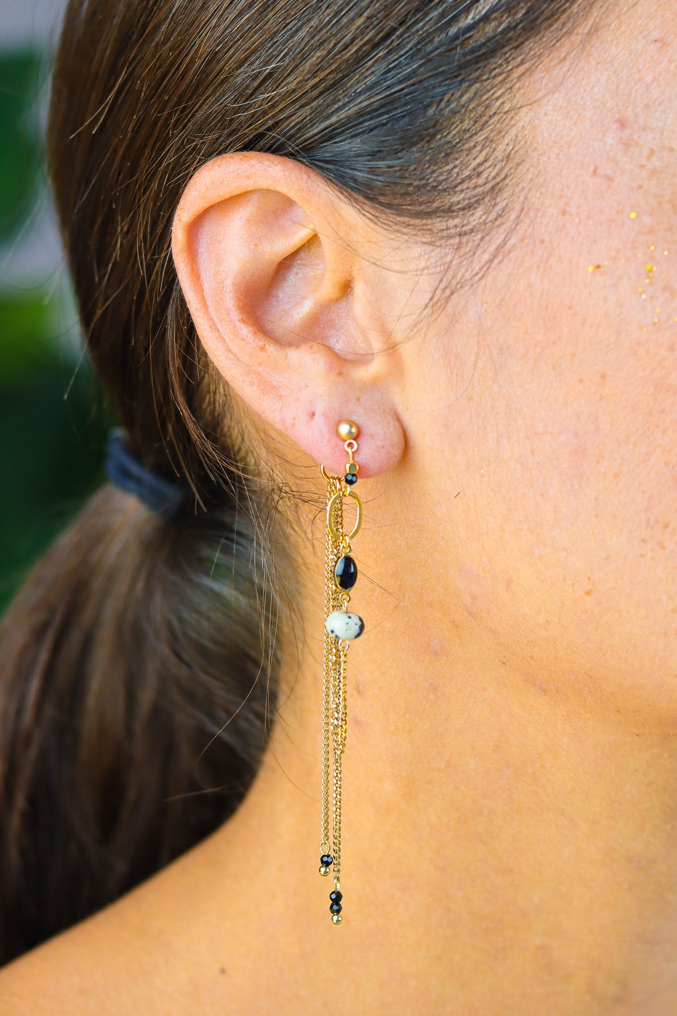 Stay Gold by Mme Bovary Asymmetrical statement Dalmatian Jasper & Onyx earrings