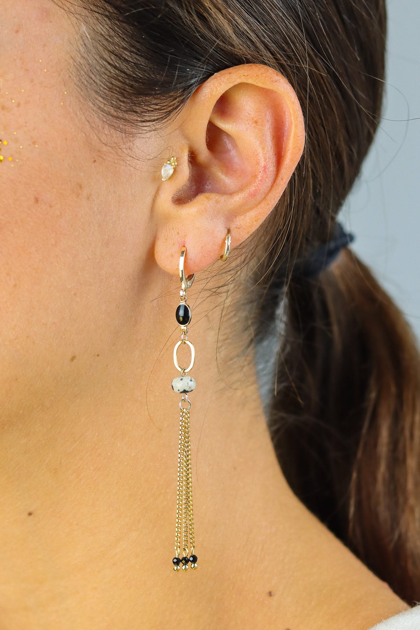 Stay Gold by Mme Bovary Asymmetrical statement Dalmatian Jasper & Onyx earrings