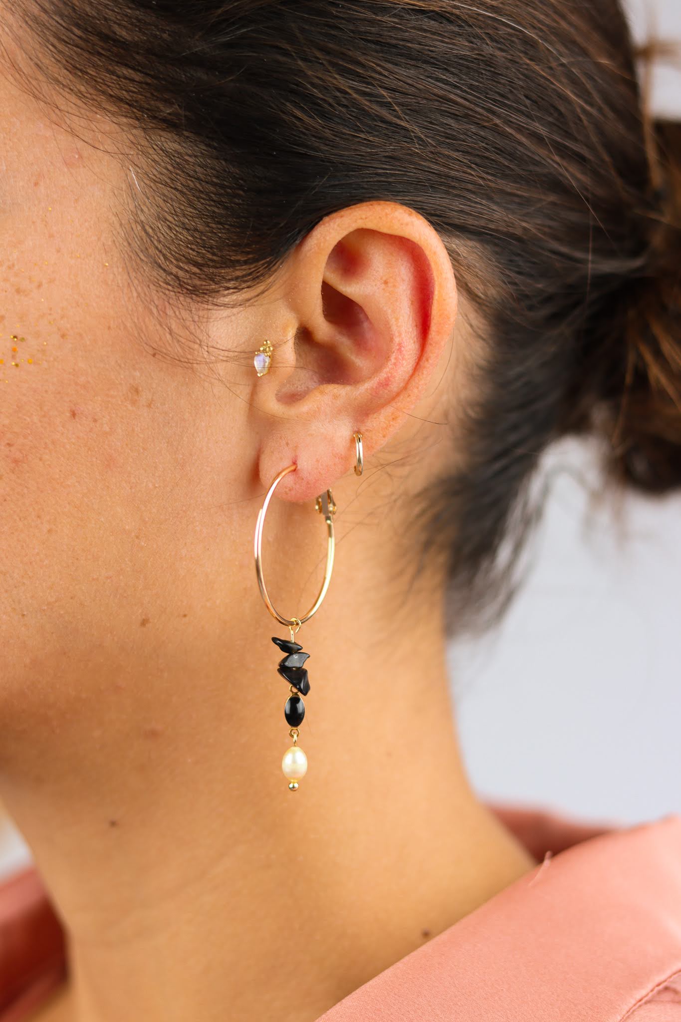 Stay Gold by Mme Bovary Asymmetrical black obsedian & lace agate earrings