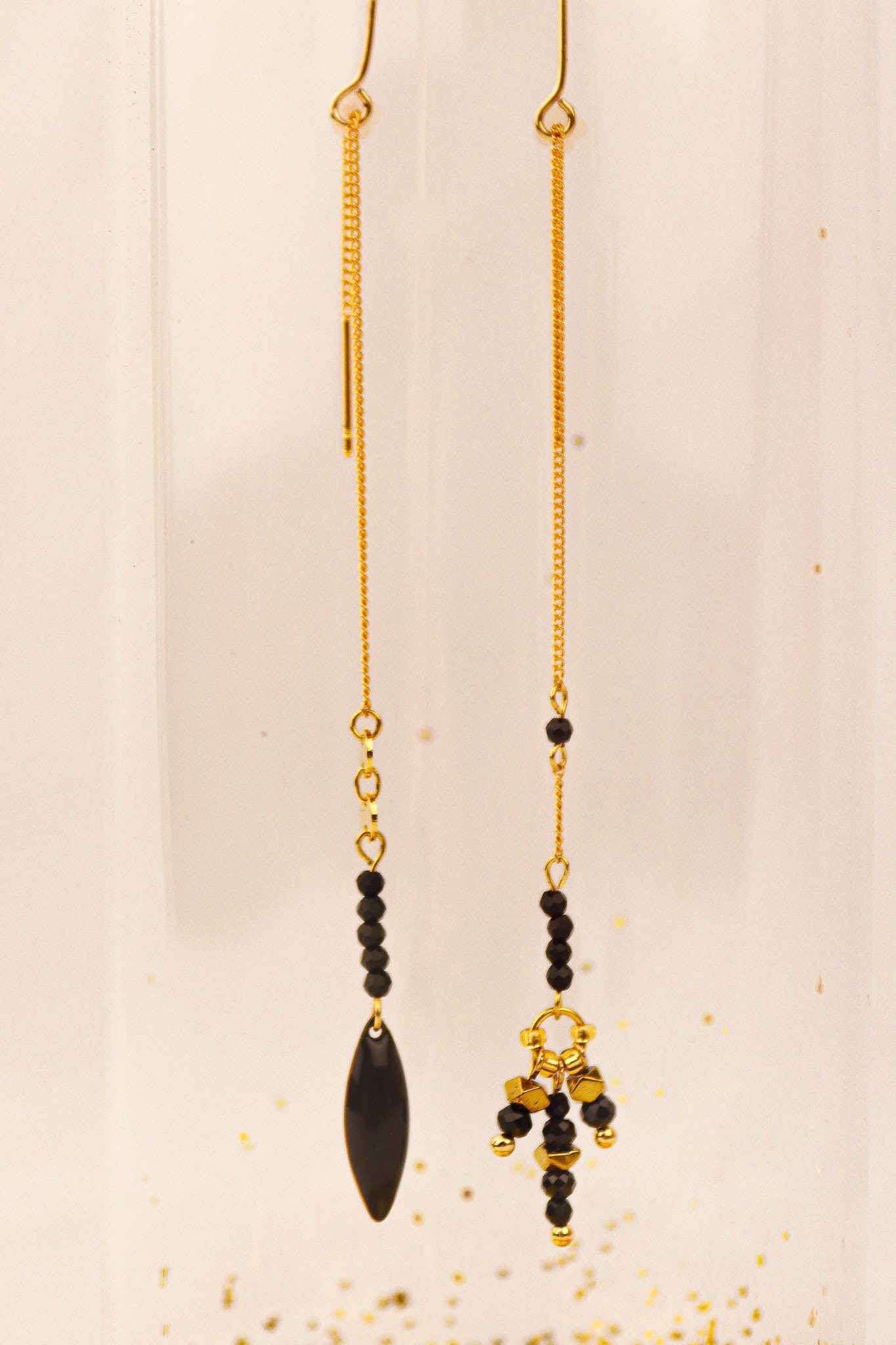 asymmetrical Black Onyx & enamel threader earrings