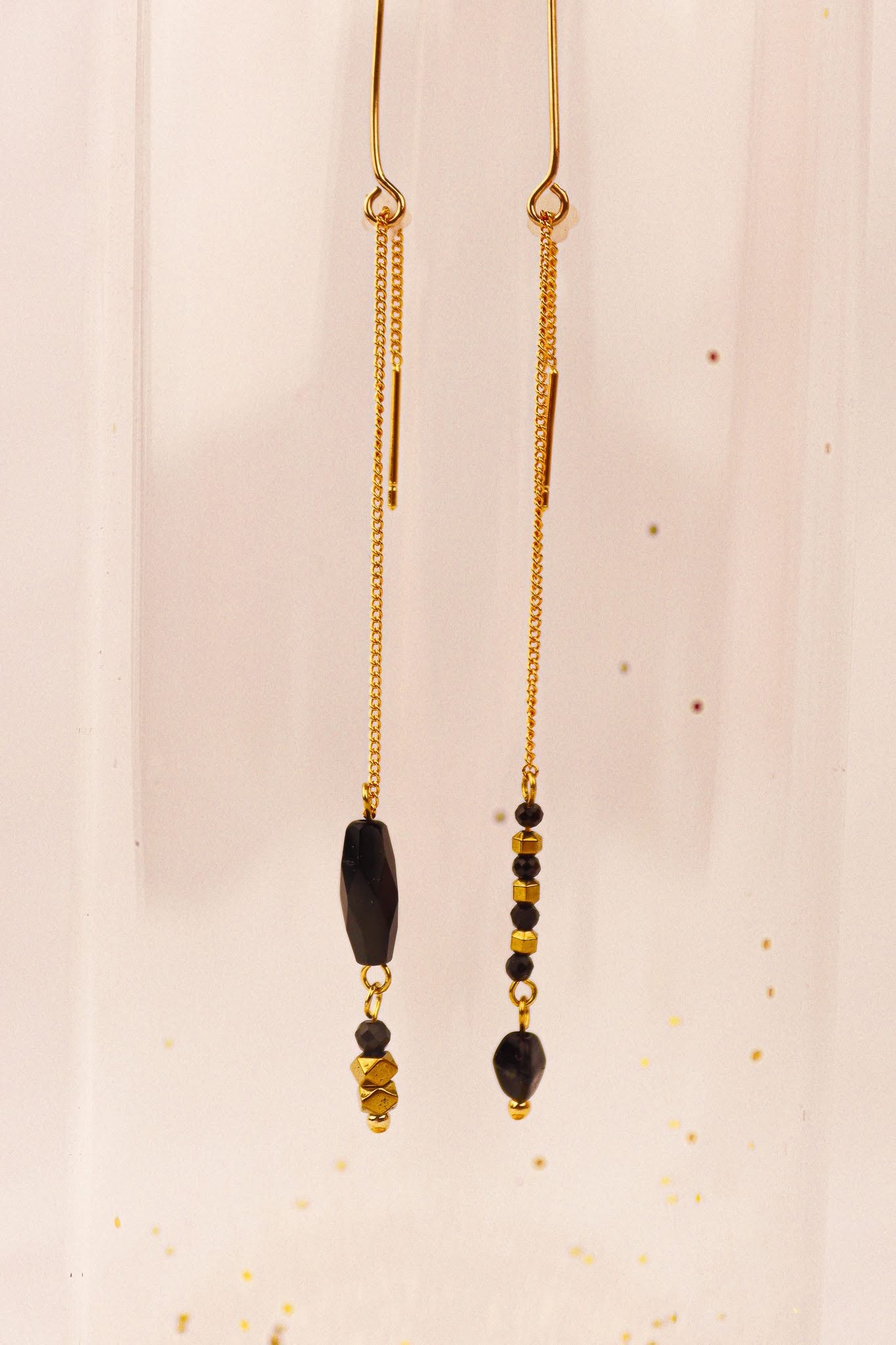 Asymmetrical Black Onyx & Triangel & Hematite threader earrings