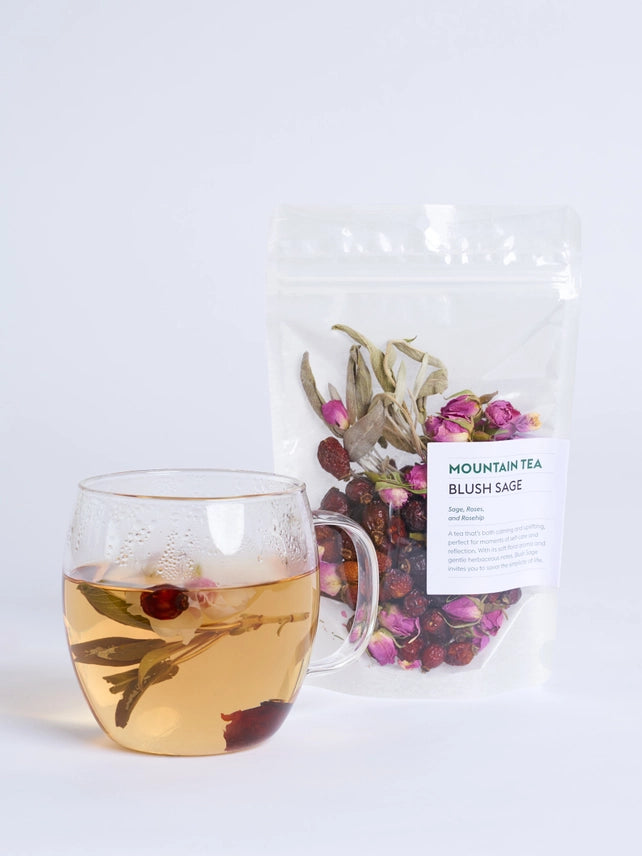 Blush Sage herbal tea blend featuring sage, rose buds, and rosehip by Stay Gold.