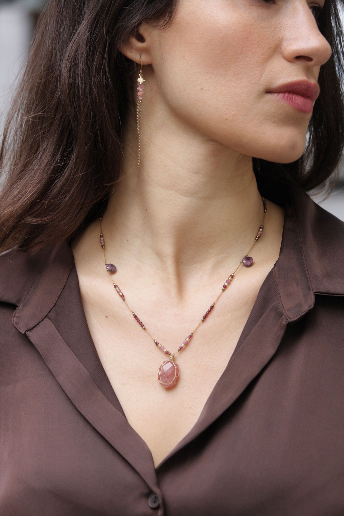 Handcrafted 1-of-1 micro-macramé necklace with AAA Strawberry Quartz gemstone and faceted Tourmaline briolette drops