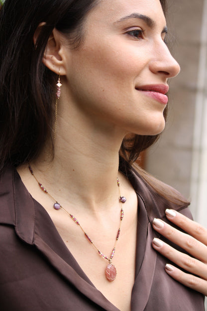 Handcrafted 1-of-1 micro-macramé necklace with AAA Strawberry Quartz gemstone and faceted Tourmaline briolette drops