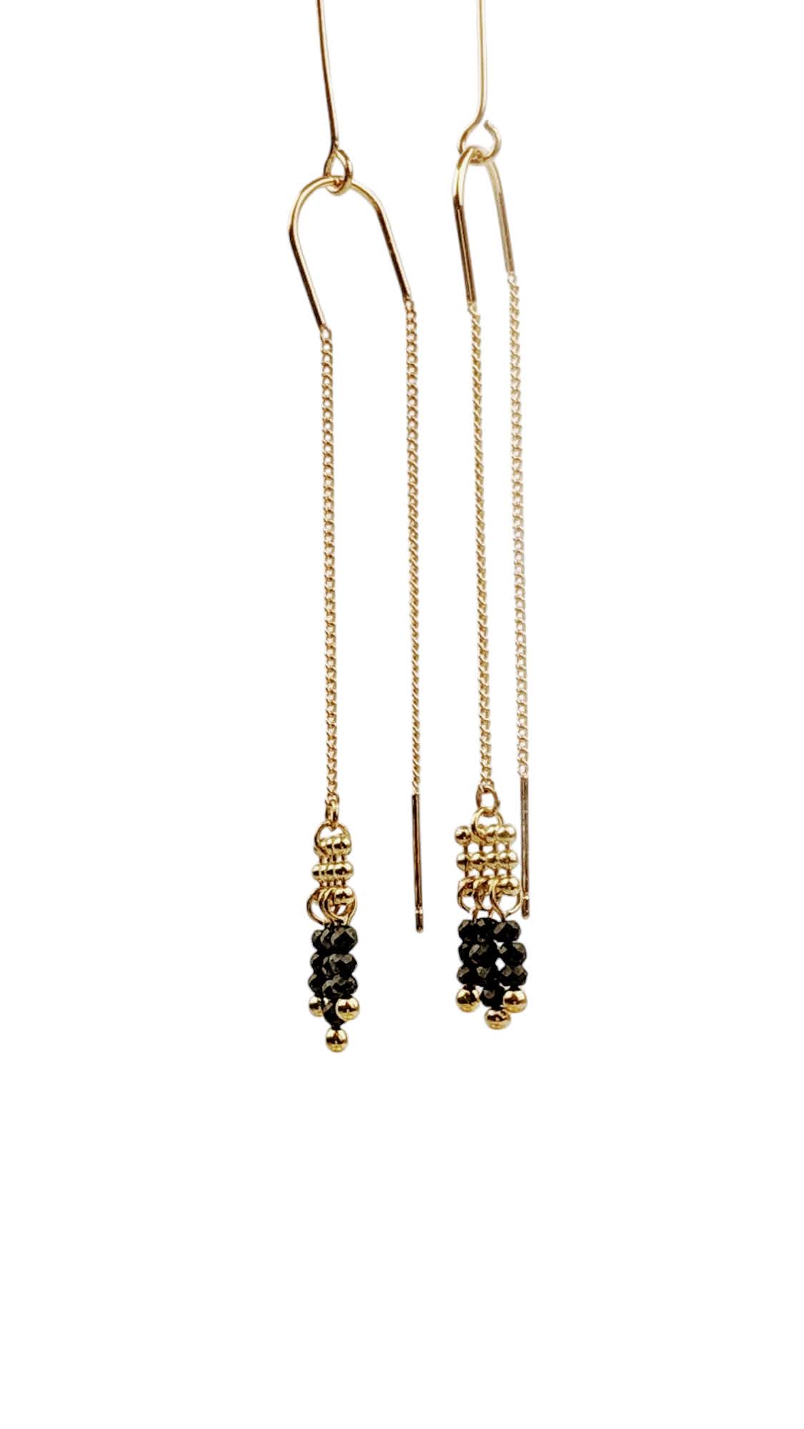 Ball chain earrings long threader with tiny onyx beads