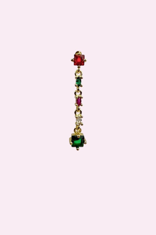 vergulde_drop_stud_oorbel_met_rode_en_groene_zirkonia_en_elegant_design