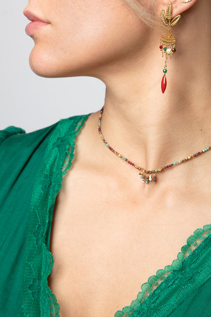 Dangling leaf stud earring mix semi precious crystals