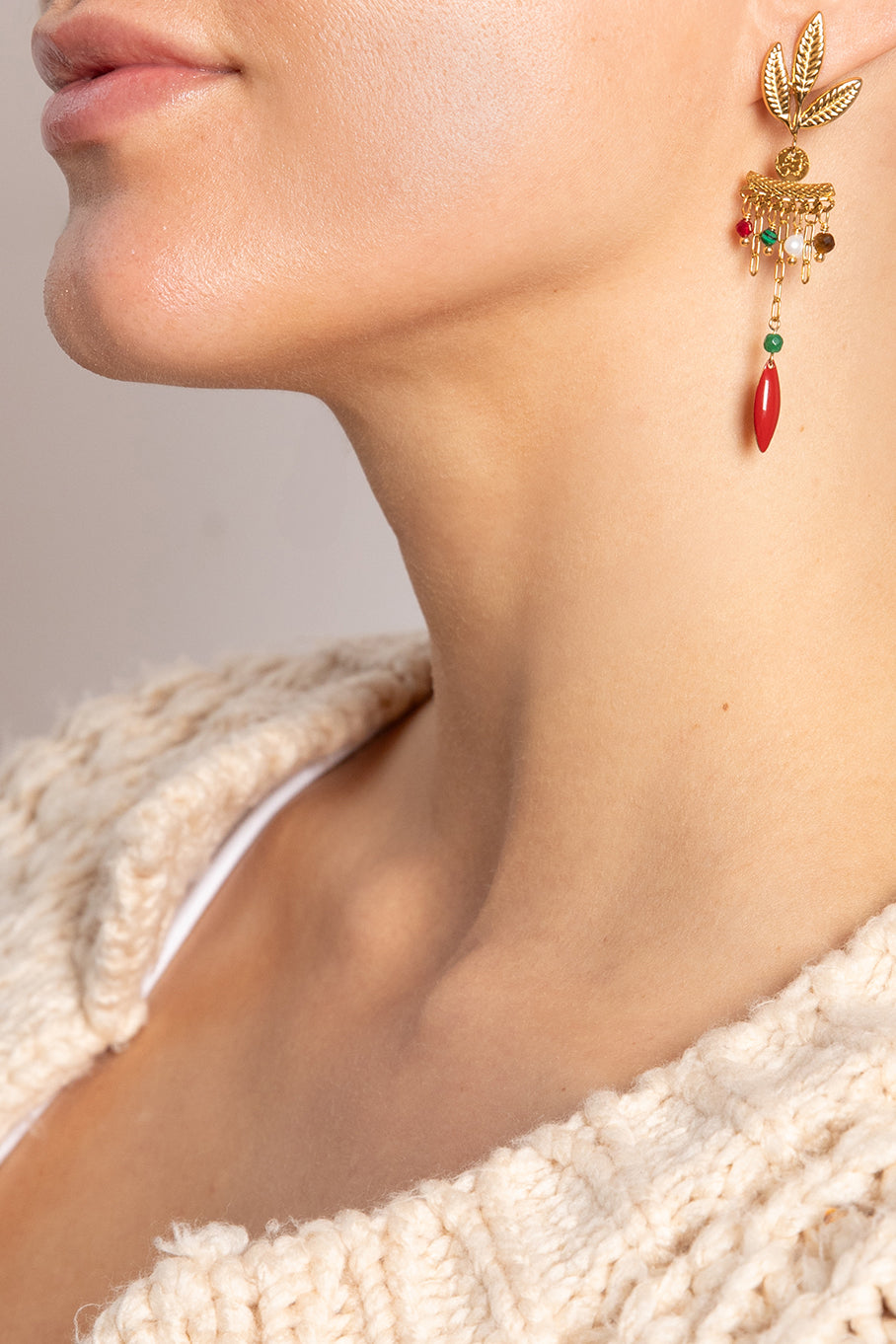 Dangling leaf stud earring mix semi precious crystals