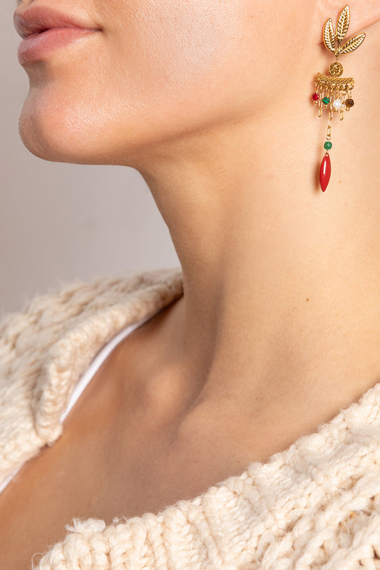 Dangling leaf stud earring mix semi precious crystals