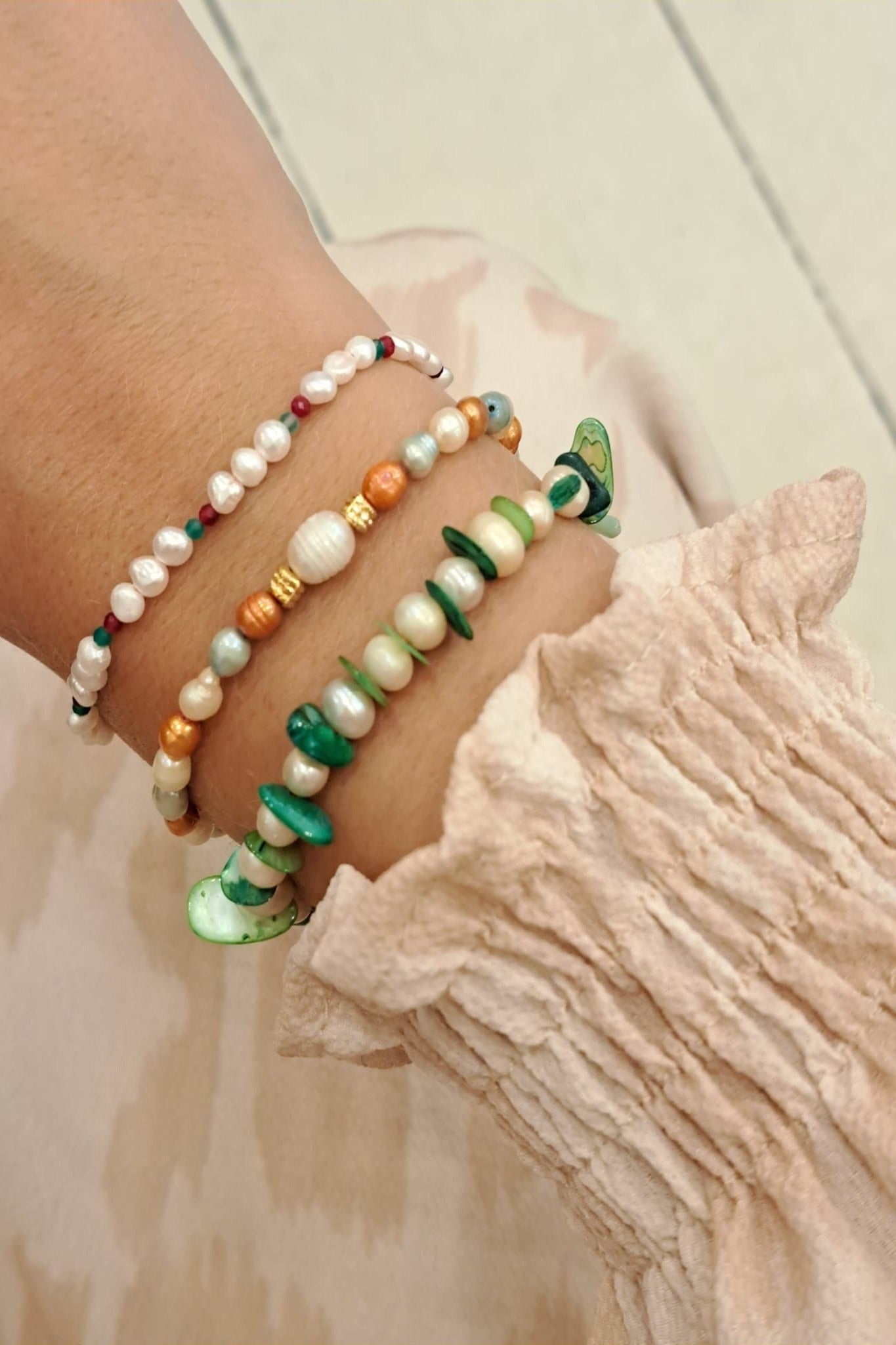 Coral Green & Pearl Bracelet